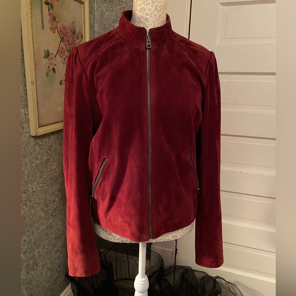 Burgundy red goat suede Moto jacket puffed sleeve Lucky Brand size M great cond! - Picture 4 of 10
